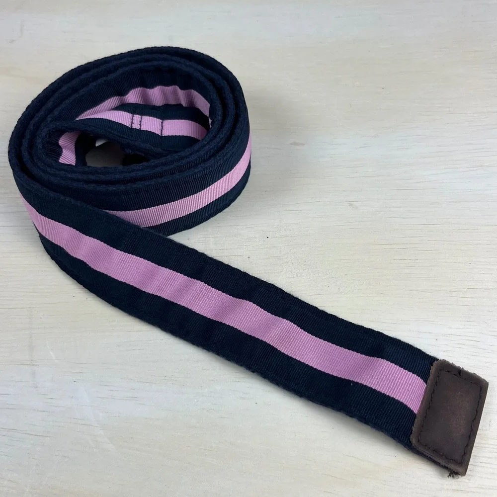 Abercrombie & Fitch Mens 36 Belt Navy Blue Pink Striped D-Ring Webbed Canvas